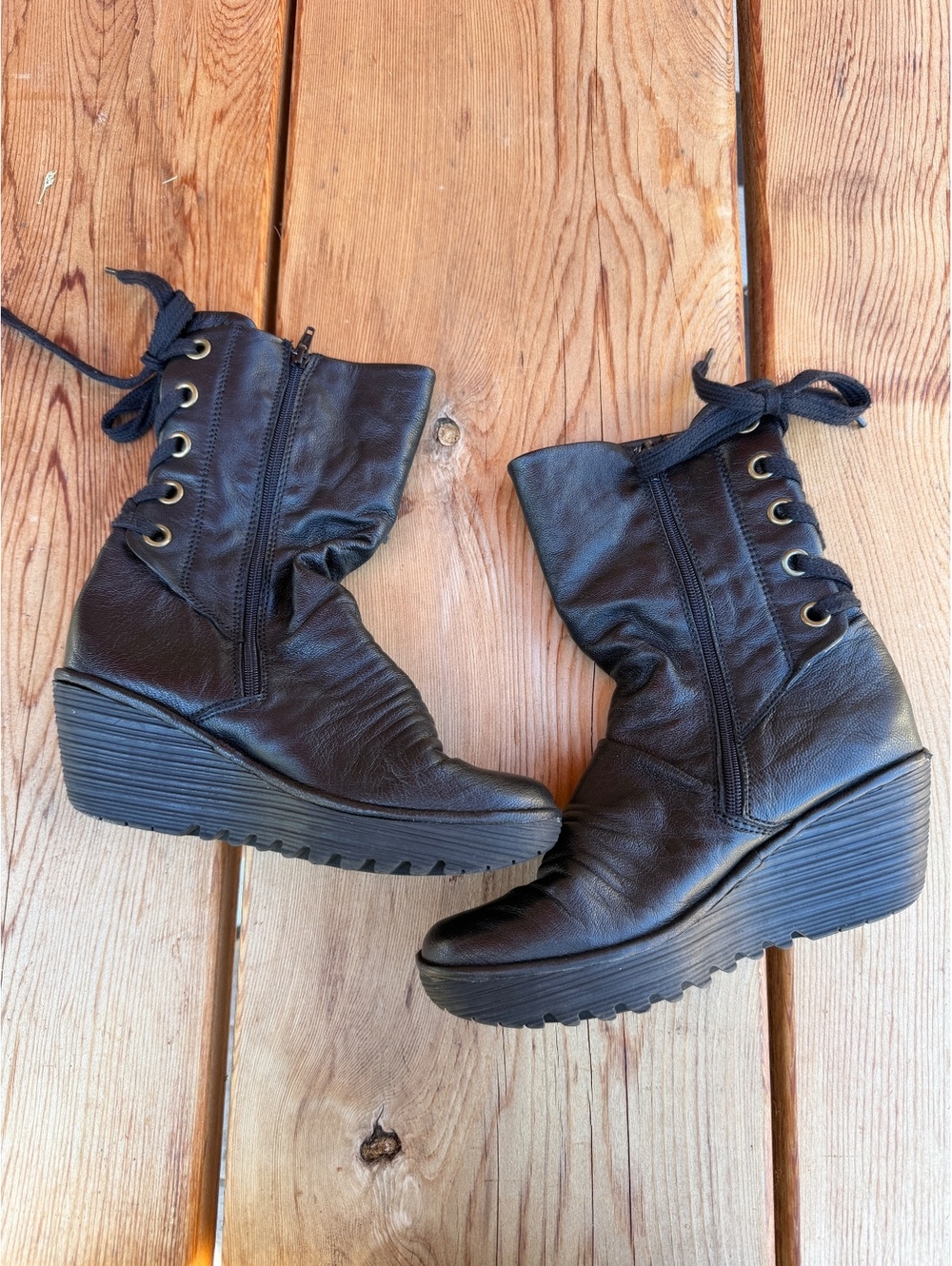 Fly London Black Leather Yada Wedge Ankle Boots Size 42